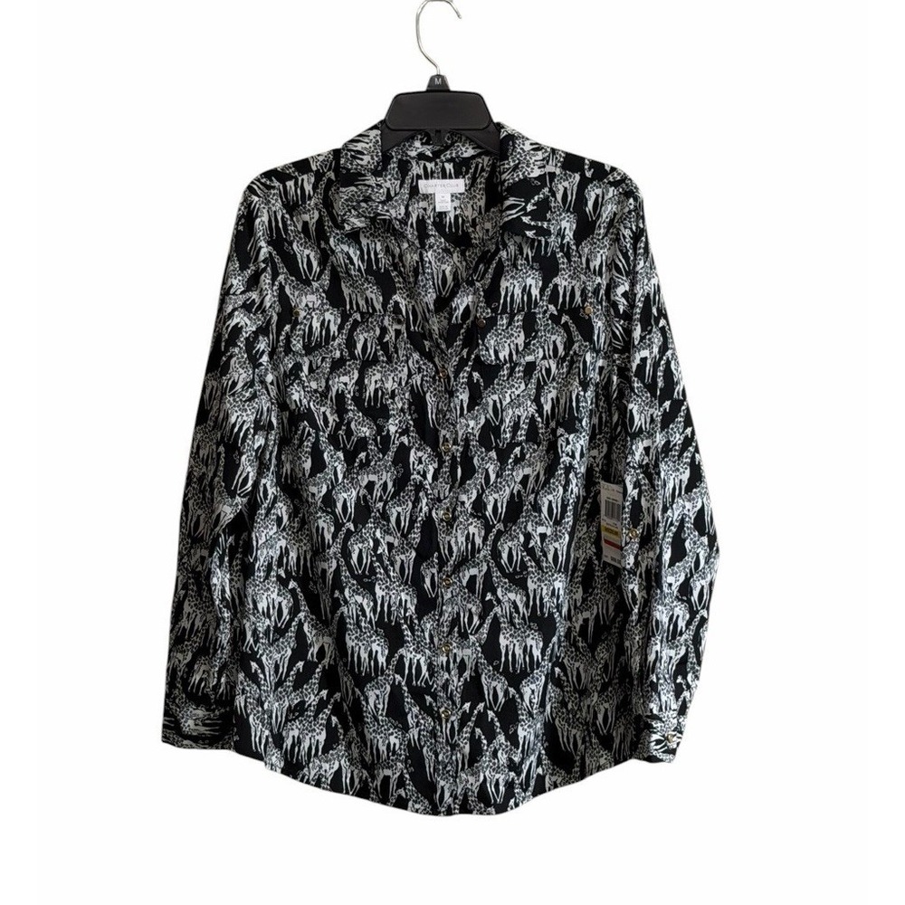 NWT Charter Club Blouse Med Black White Giraffe Print Button Down Safari